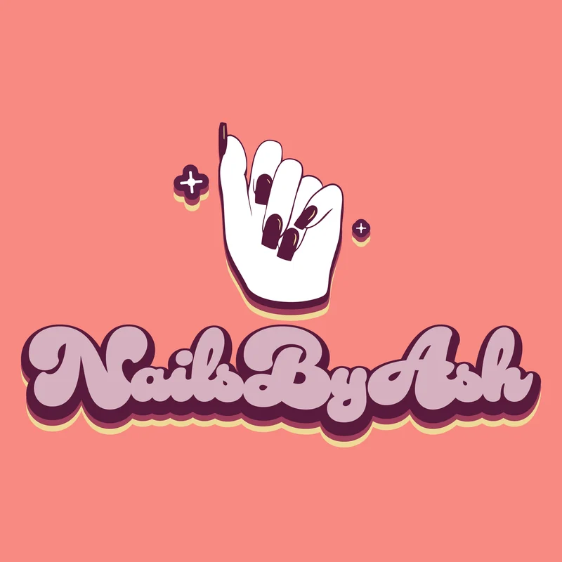 NailsByAsh logo: a retro illustrated hand with long plum-colored nails.
